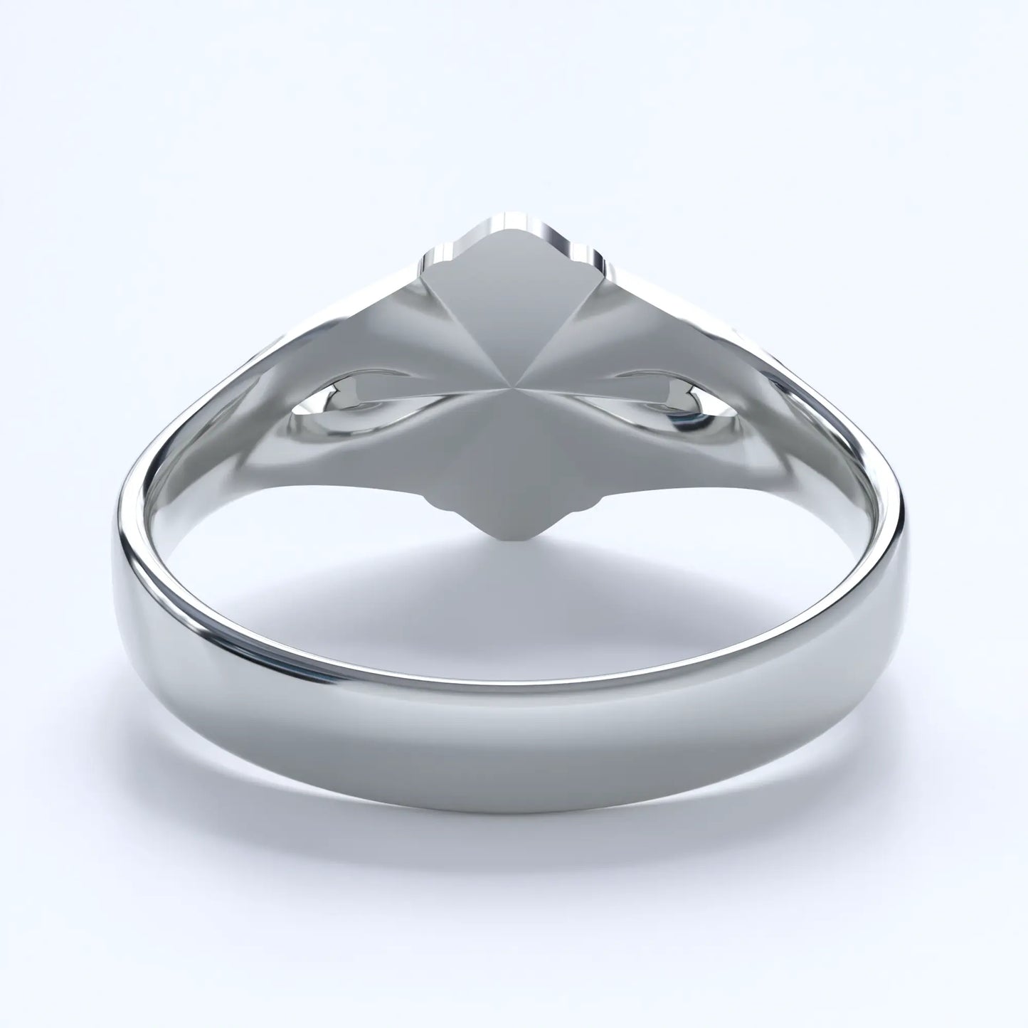 a view of a sterling silver ring with a large 6 sided design on the inner side