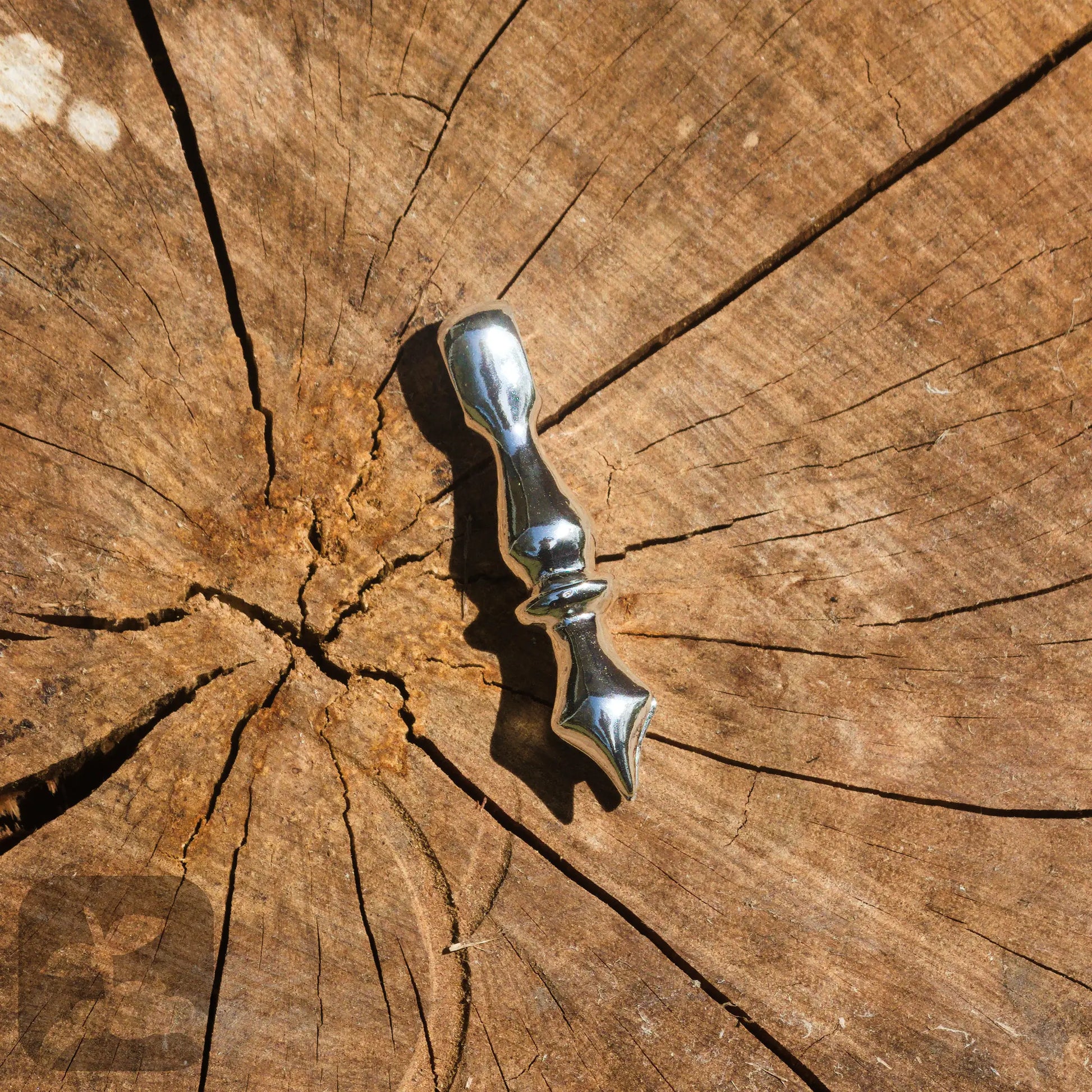 closeup of jewellery piece on the cross section of a brown log