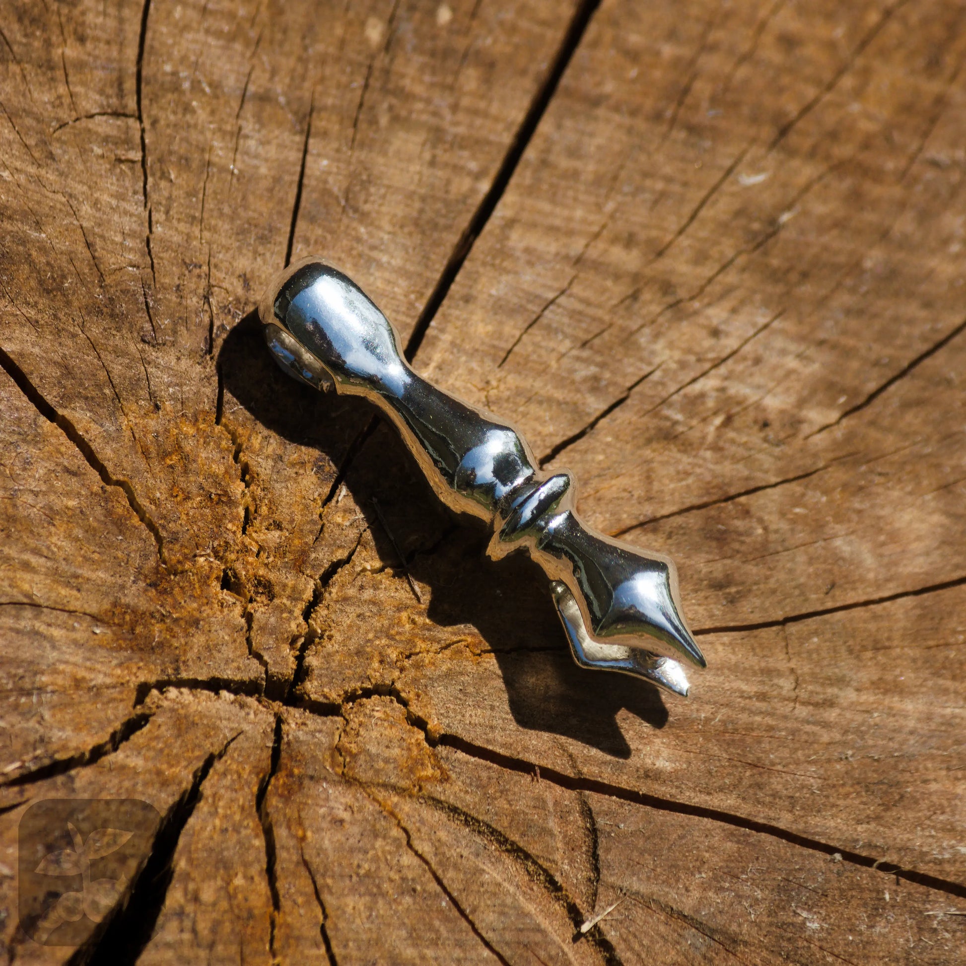 closeup of jewellery piece on the cross section of a brown log