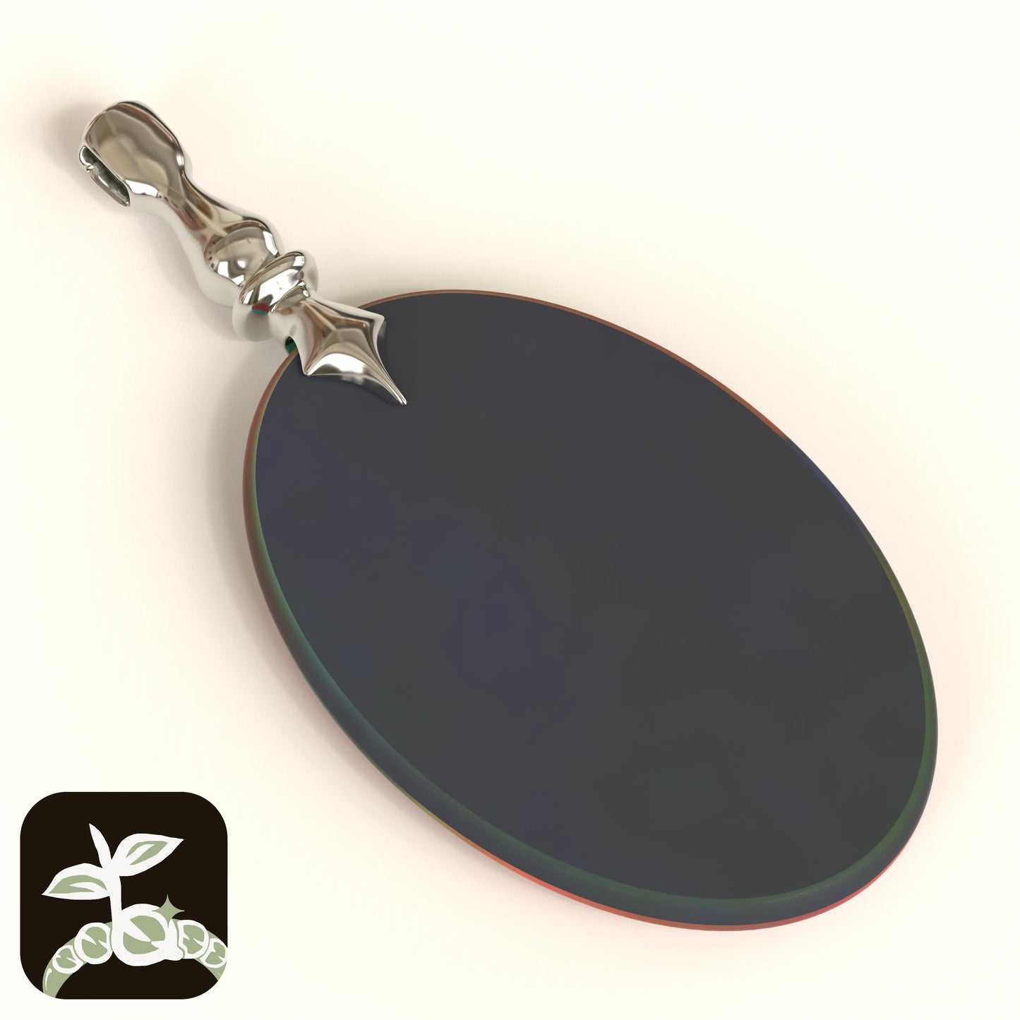 closeup 3d render of the pendant on a white background with a flat cabochon opal mounted inside of it to show how the pendant will fit and mount a stone