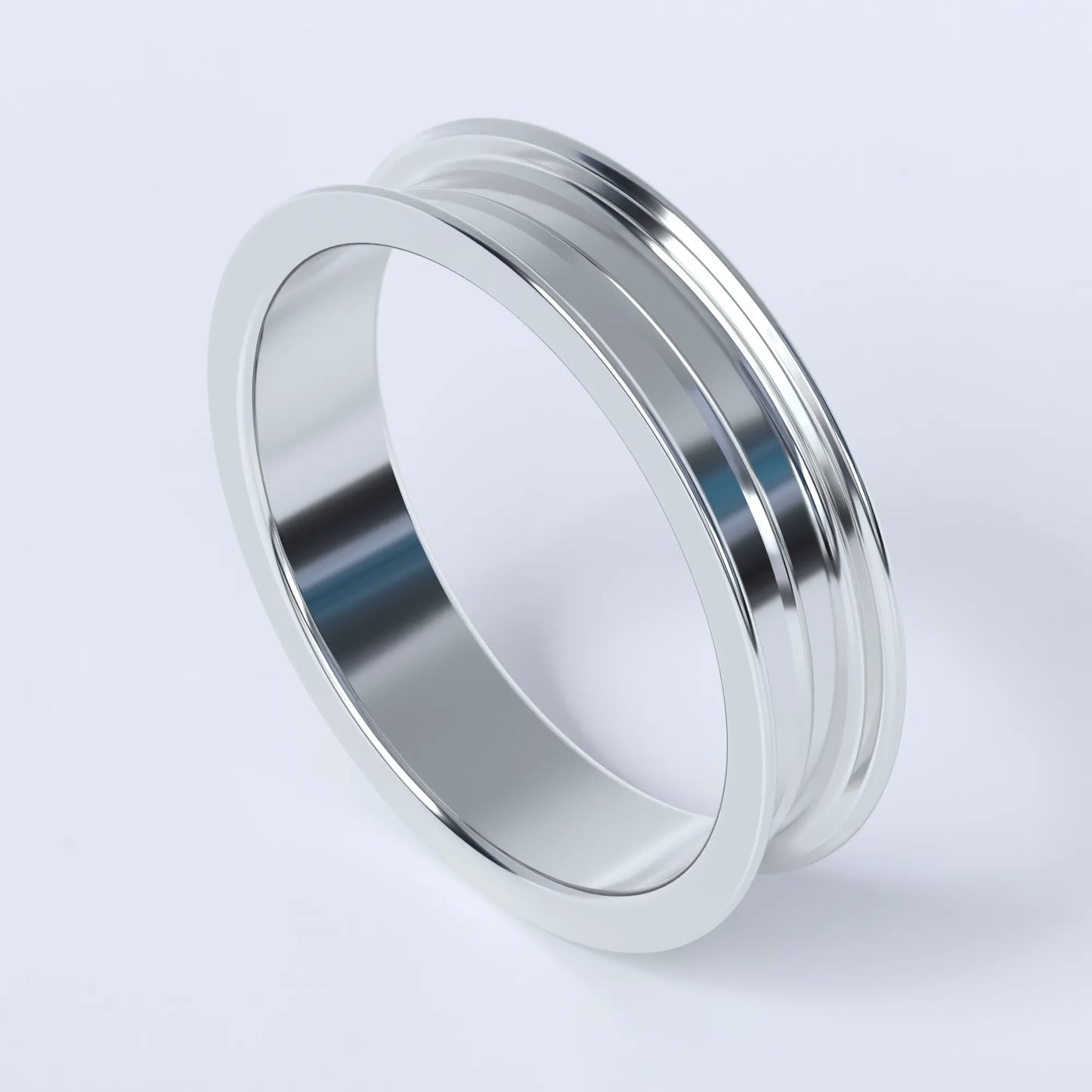 Sterling silver ring on a white background, this ring is shaped like a wheel's rim, and shows the design without any "tyre"
