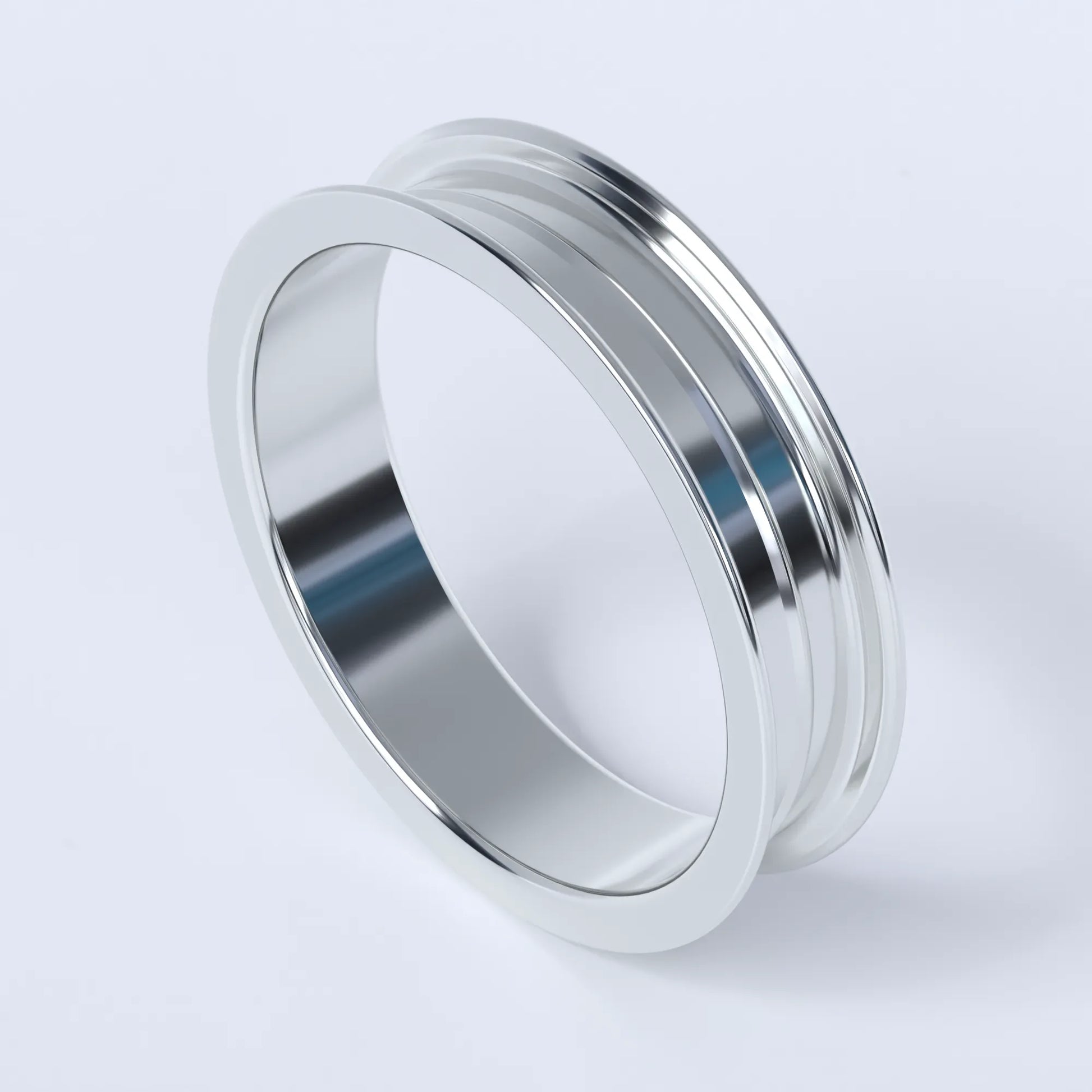 Sterling silver ring on a white background, this ring is shaped like a wheel's rim, and shows the design without any "tyre"