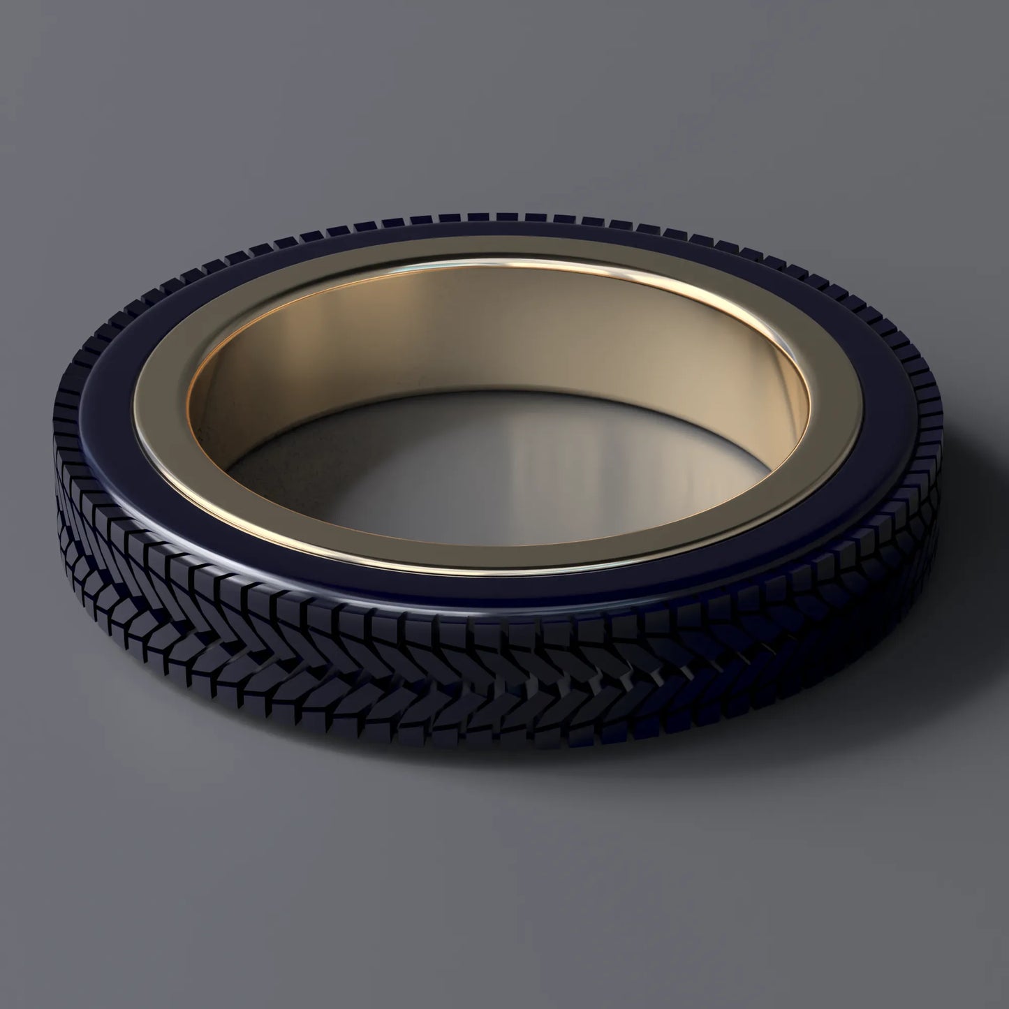 Tyre Ring with 3D Printed "Rubber" Tyre in 14ct Yellow Gold